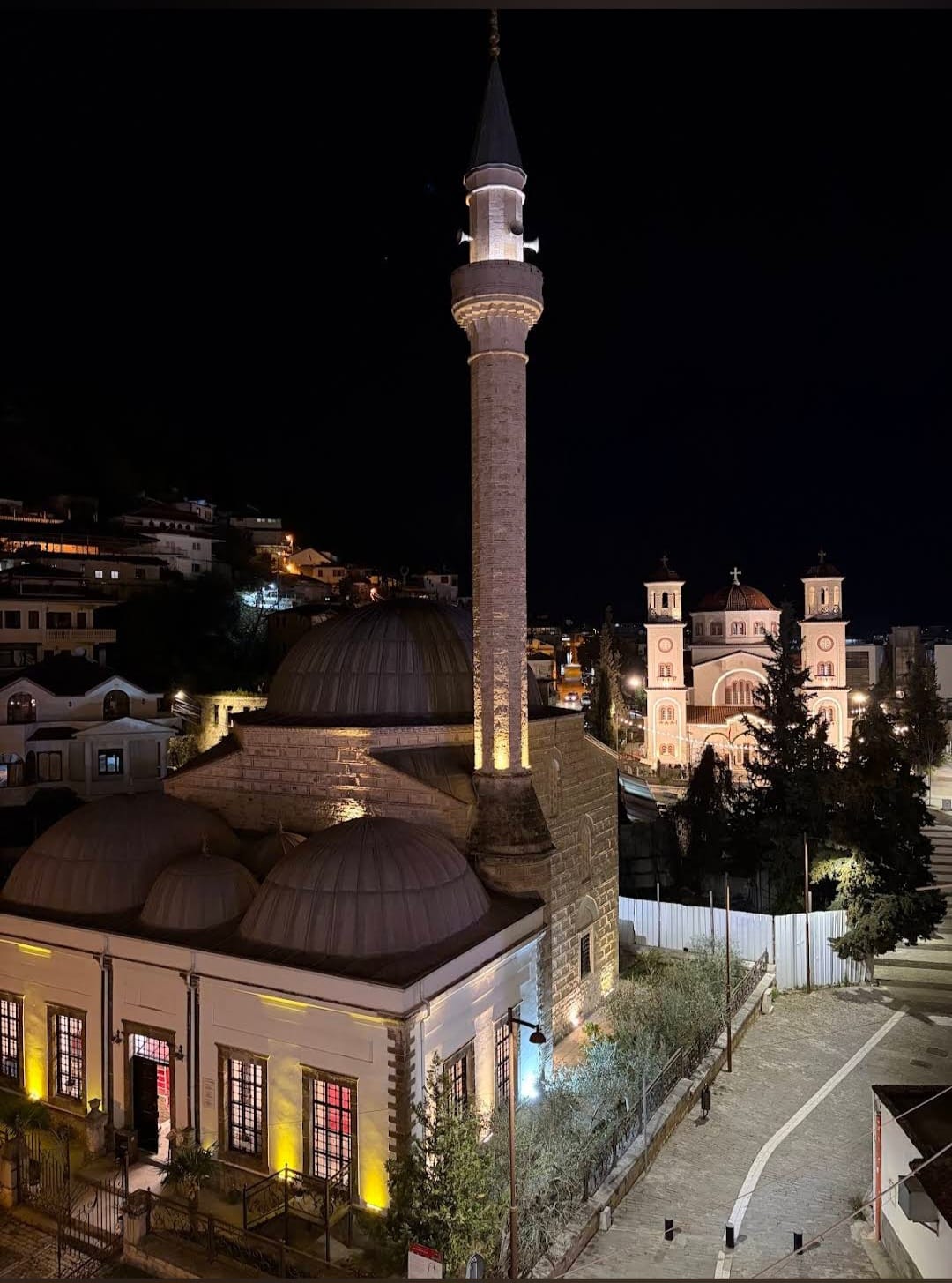 Berat mosque and cathedral at night